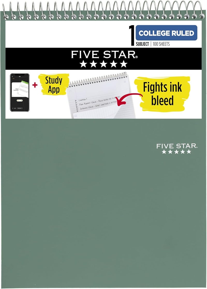 Five Star Top Spiral Notebook + Study App, 1 Subject, College Ruled Notepad, 8-1/2" x 11", 100 Sheets, Fights Ink Bleed, Water Resistant Cover, Seaglass Green (820058C-ECM) - Image 1
